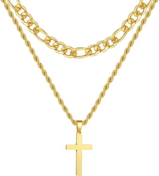 Layered Gold Cross Necklaces for Men Boys Stainless Steel Figaro Twist Rope Pendant Chain Set Religious Christian Birthday Christmas Jewelry Gifts Teen Dad Adults Stocking Stuffers for Kids